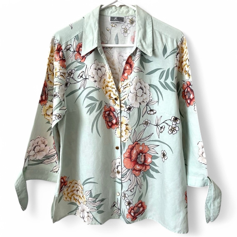 JM Collection Linen Blouse Botanical Floral Button Up 3/4 Sleeve Garden Party L